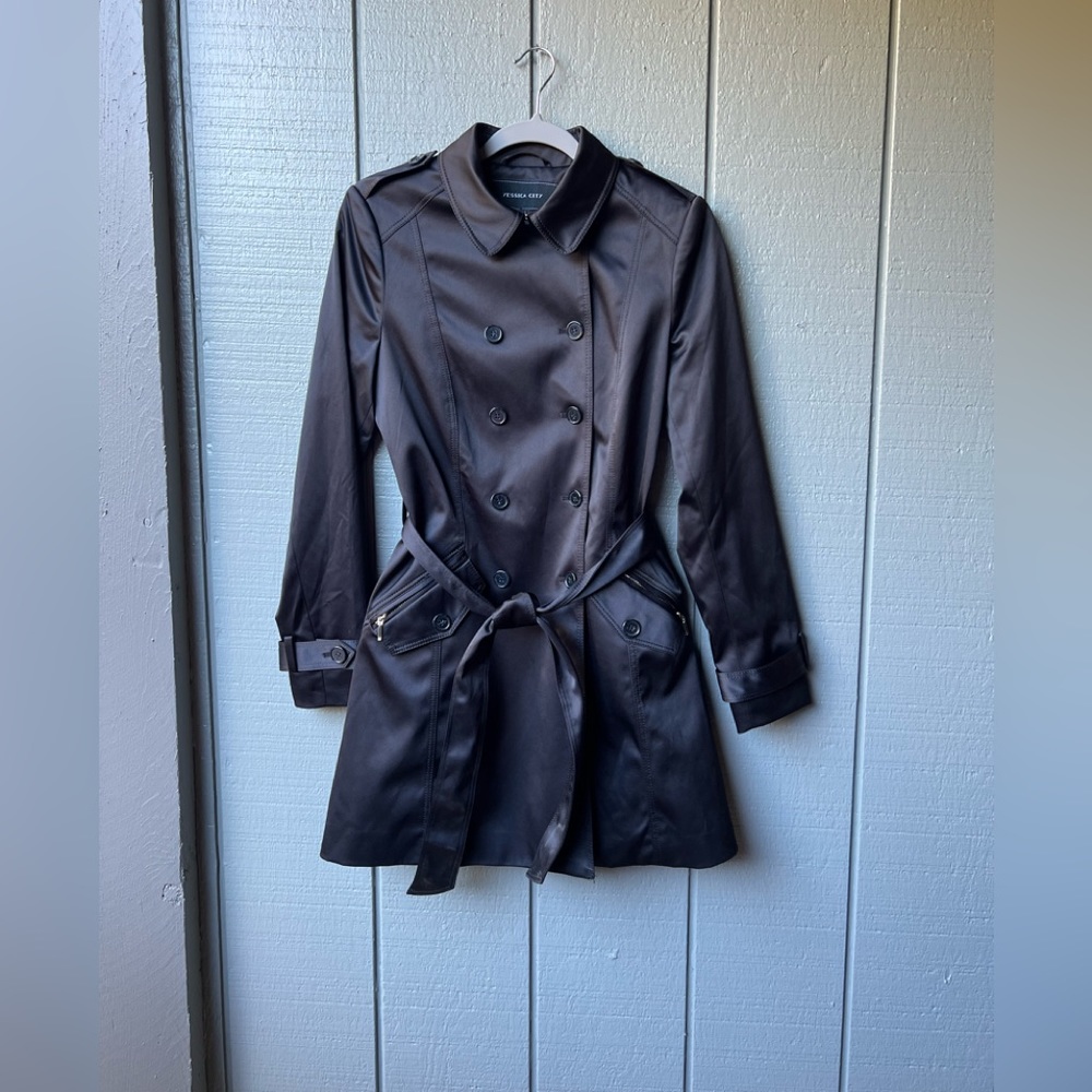 Yessica City Black Silky Trench Coat Evening Formal Wedding Party